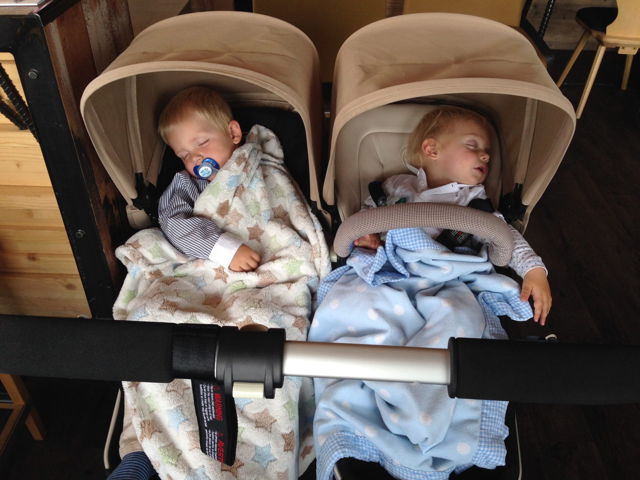 Zwillinge schlafen im Kinderwagen auf der Hochzeit
